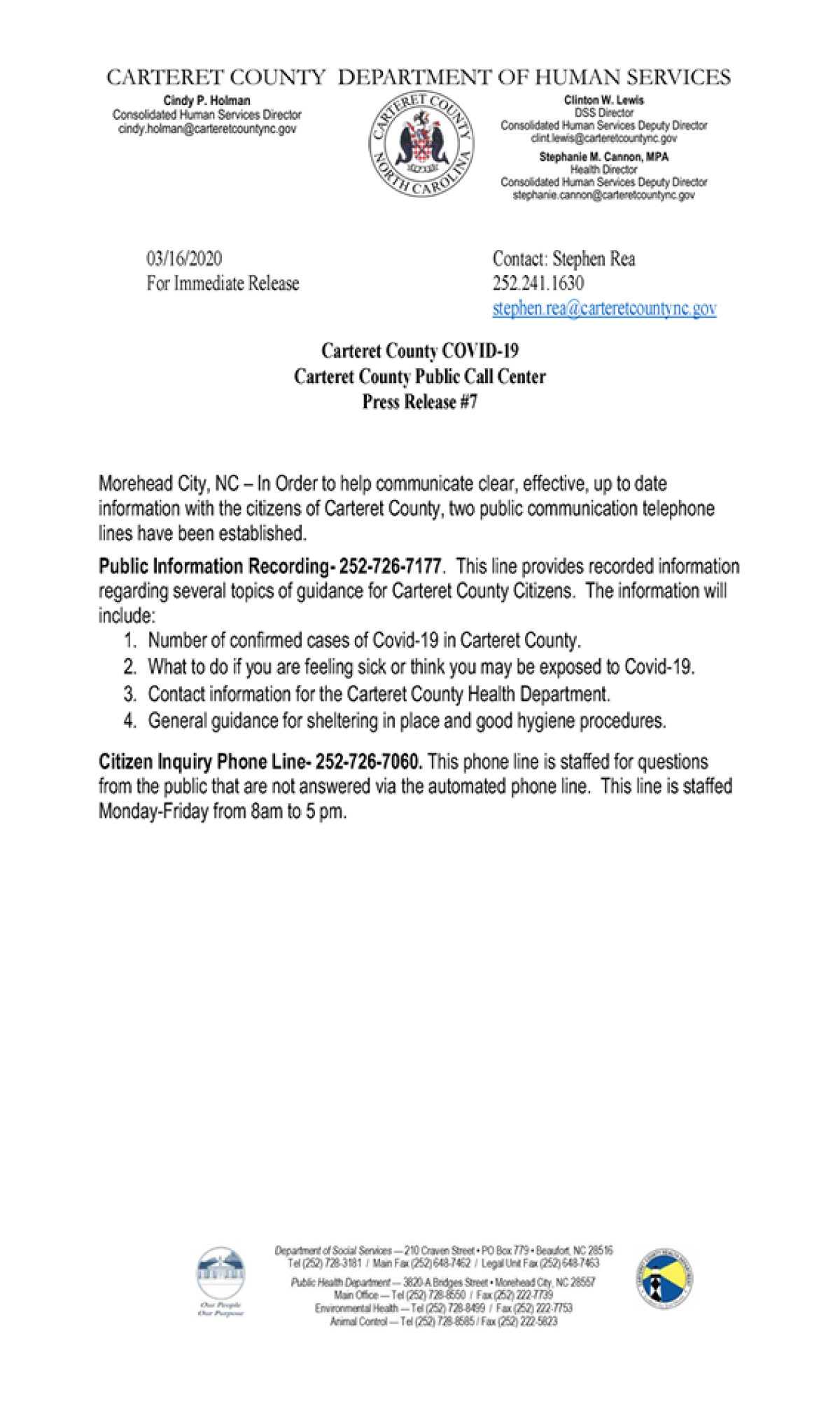 Carteret County Press release